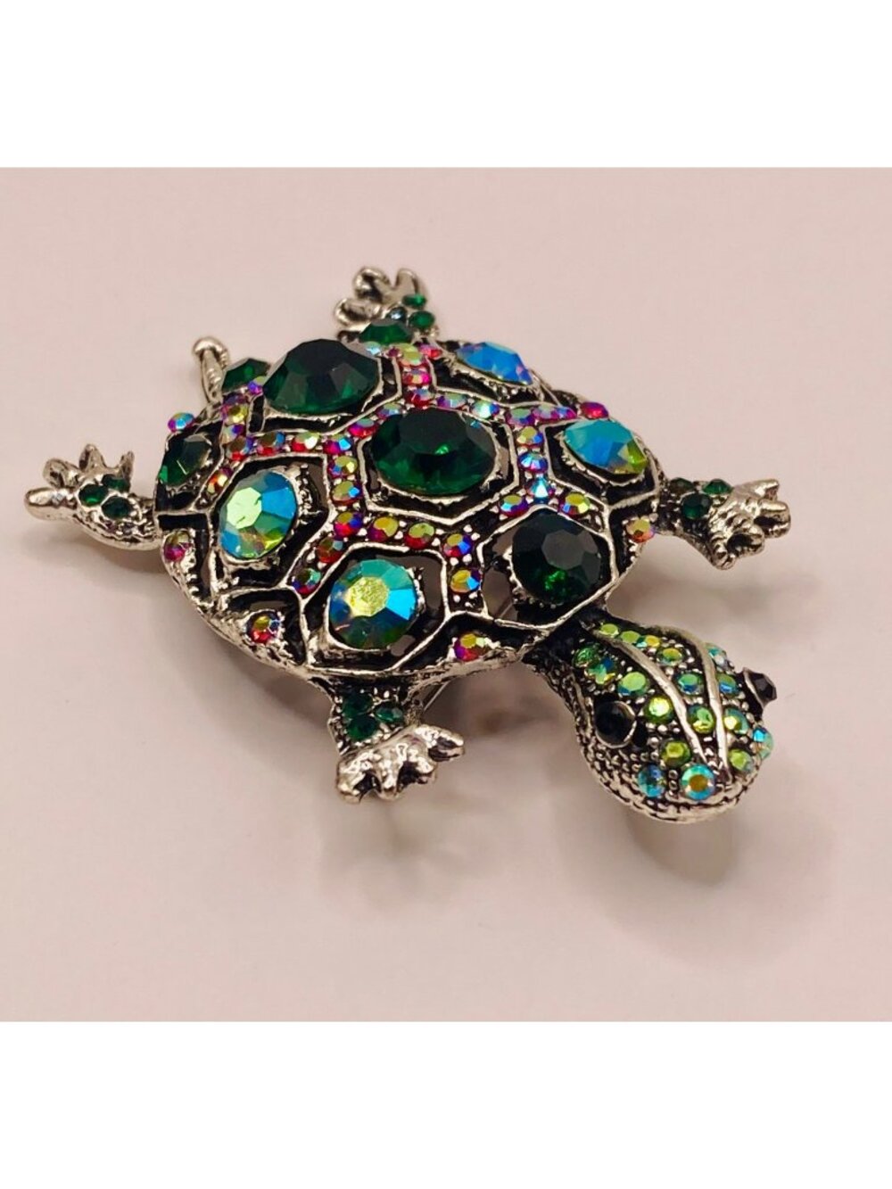 Crystal Turtle Brooch Pin Green & Multicolor Rhinestones -106B
